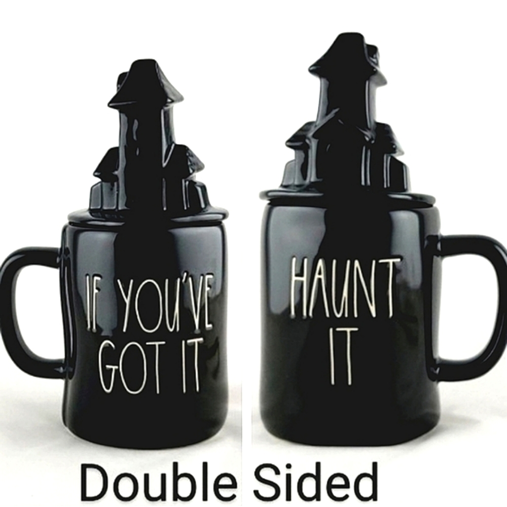 RAE DUNN Black Mug & Topper White Large Letters IF YOU'VE GOT IT HAUNT IT